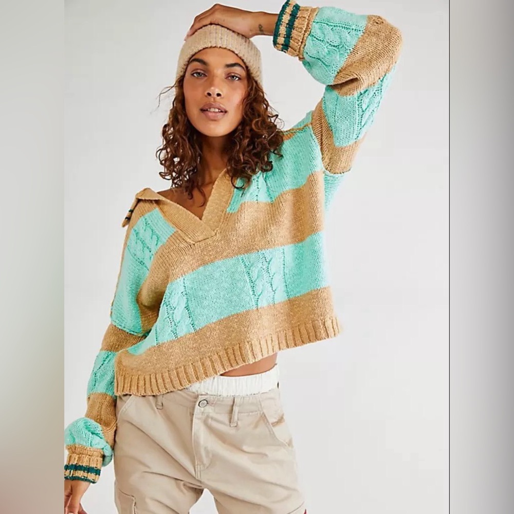 Free People Pembrook V-Neck Cable Knit Preppy Mint Combo Sweater in Size Small
